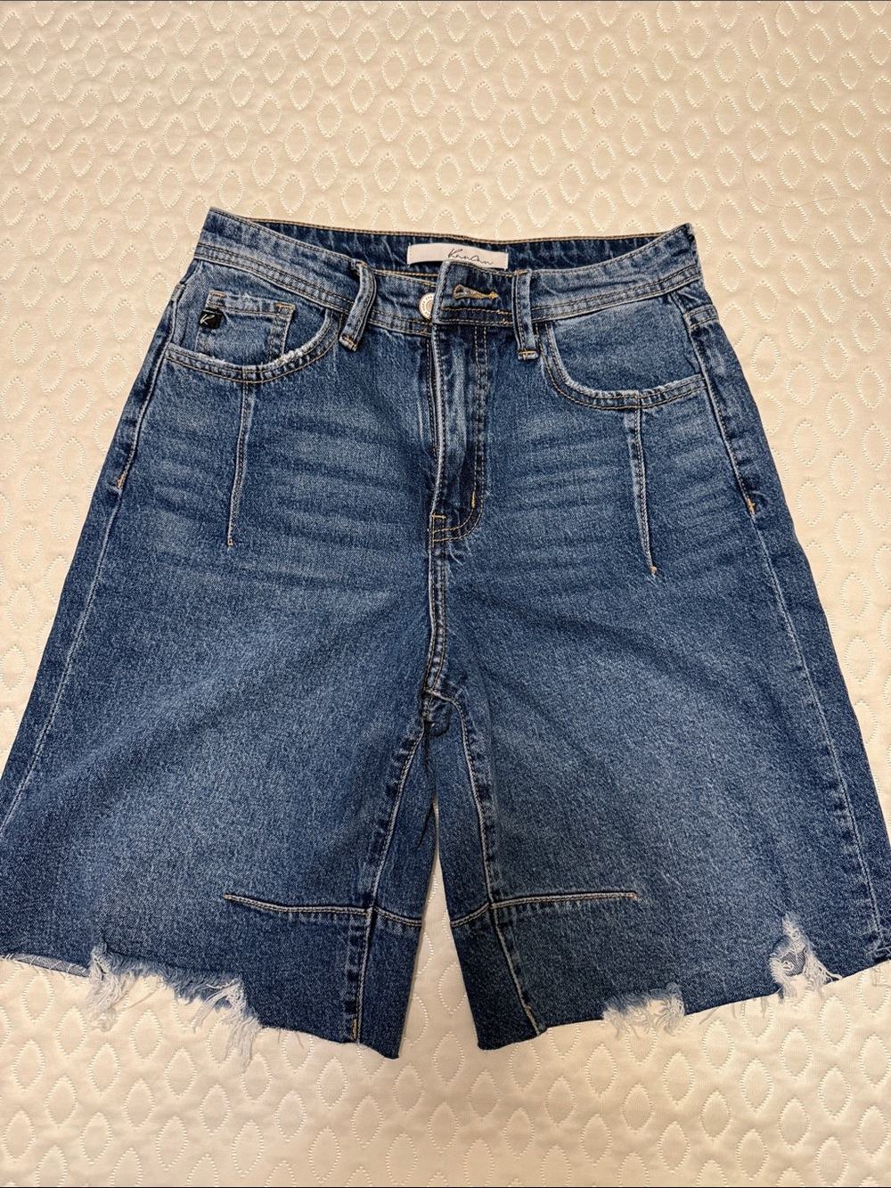 KanCan Medium Blue Denim Bermuda Shorts with Raw Frayed Hem